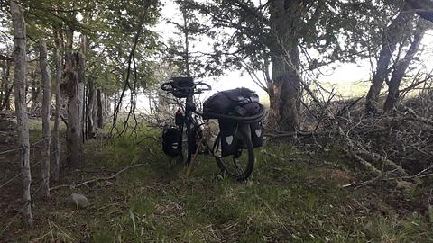 Acampamento de bicicleta à beira da estrada